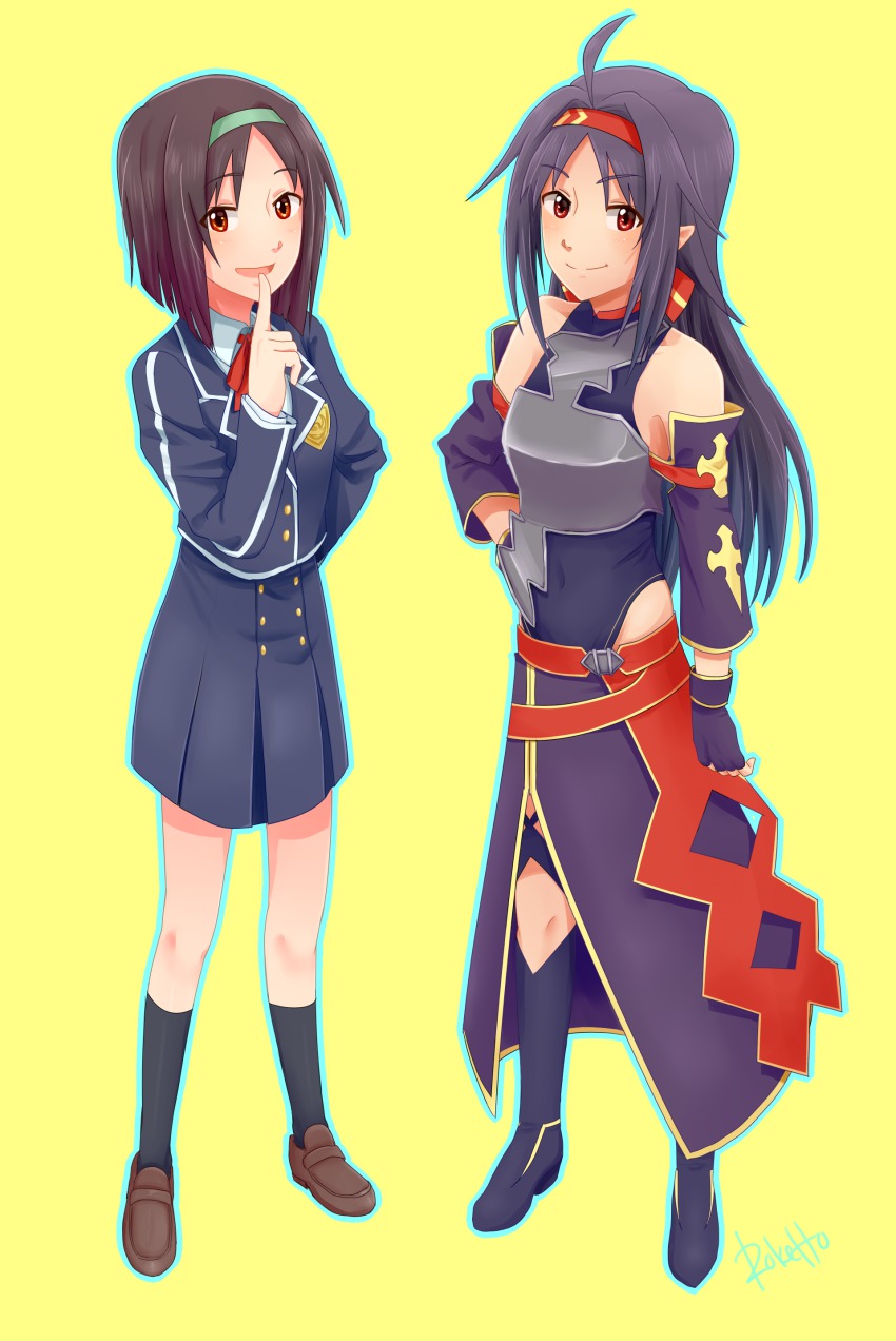 10s, 2girls, absurdres, armor, black_footwear, black_hair, boots, breastplate