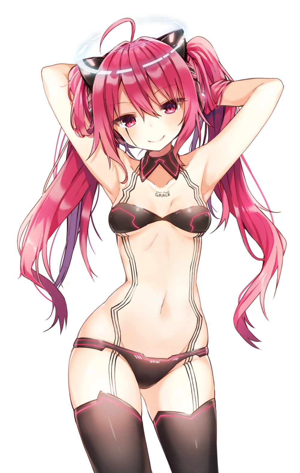 1girl, ahoge, armpits, arms_up, bad_id, bad_pixiv_id, bad_twitter_id, bemani, bikini, black_bikini, black_collar, black_thighhighs, breasts, collar, detached_collar, duplicate, female_focus, grace_(independent_sky)_(sound_voltex), grace_(sound_voltex), halo, highres, navel, pink_eyes, pink_hair, pixel-perfect_duplicate, shnva, simple_background, small_breasts, smile, solo, sound_voltex, sound_voltex_iii_gravity_wars, strapless, strapless_bikini, swimsuit, thighhighs, twintails, white_background