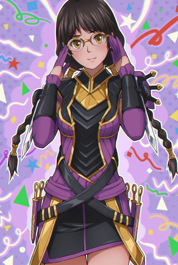 1girl, arm_armor, armor, belt, blush, braid, brown_hair, collar