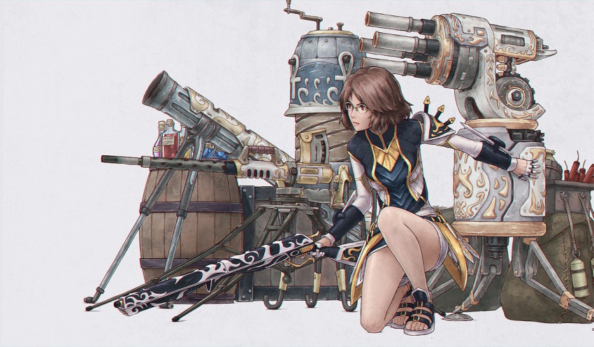 1girl, arm_armor, armor, belt, brown_eyes, brown_hair, collar, dagger