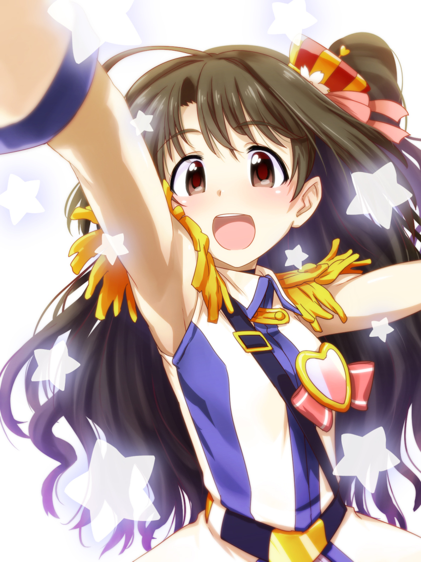 10s, 1girl, :d, arm_up, armpits, brown_eyes, brown_hair, dress