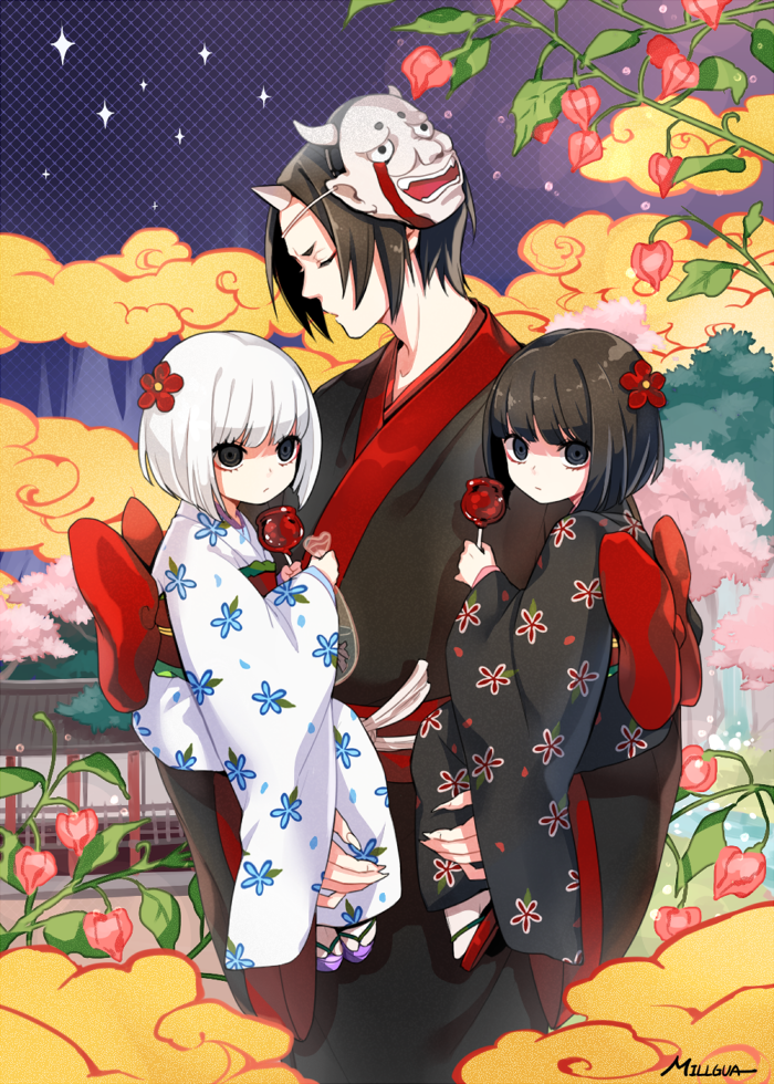 10s, 1boy, 2girls, artist_name, bad_id, bad_twitter_id, bag, bagged_fish, black_eyes, black_hair, blunt_bangs, bob_cut, building, candy_apple, carrying, carrying_person, cherry_blossoms, chinese_lantern_(plant), closed_eyes, fish, floral_print, flower, food, geta, goldfish, hair_flower, hair_ornament, head_down, height_difference, hoozuki_(hoozuki_no_reitetsu), hoozuki_no_reitetsu, horns, ichiko_(hoozuki_no_reitetsu), japanese_clothes, kimono, kodanshai, lens_flare, looking_at_viewer, looking_away, mask, mask_on_head, millgua, multiple_girls, niko_(hoozuki_no_reitetsu), obi, oni_mask, petite, plant, sandals, sash, short_hair, single_horn, socks, tabi, tree, white_hair, white_legwear, yukata