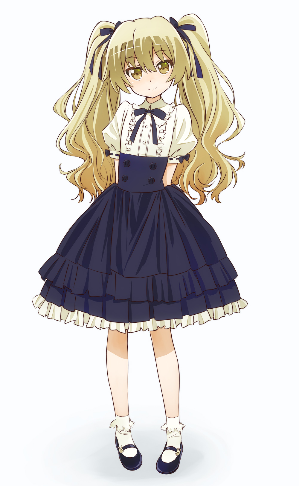 10s, 1girl, arms_behind_back, blonde_hair, center_frills, dress, female_focus, flat_chest