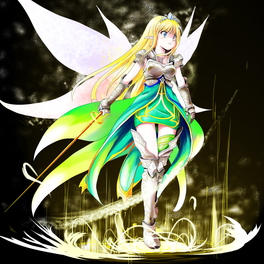 1girl, armor, armored_boots, bad_id, bad_pixiv_id, blonde_hair, blue_eyes, boots