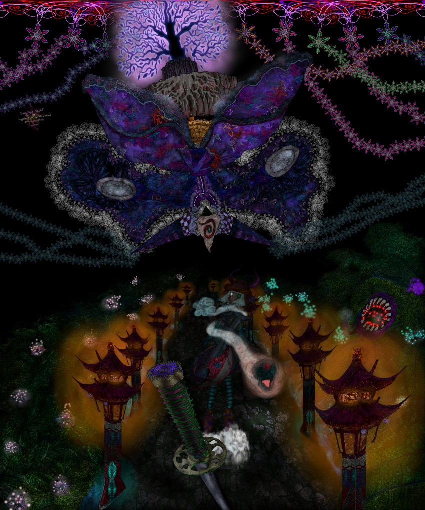 10s, 1girl, absurdres, alternate_costume, arms_up, axe, bug, butterfly