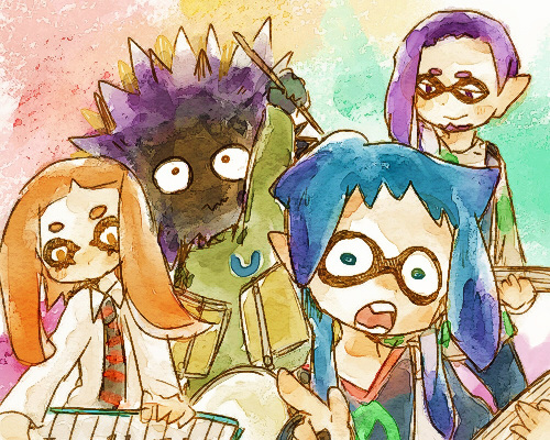 1girl, 3boys, blue_hair, drumsticks, faux_traditional_media, guitar, ichiya_(splatoon), quinn_(splatoon), instrument, keyboard_(instrument), lowres, multiple_boys, murasaki_(splatoon), nami_(splatoon), nintendo, orange_hair, purple_hair, smile, spiked_hair, splatoon_(series), splatoon_1, sweater, tentacle_hair, yzykz