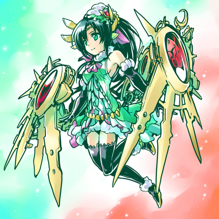 1girl, black_gloves, black_hair, black_thighhighs, clock, dress, elbow_gloves, female_focus