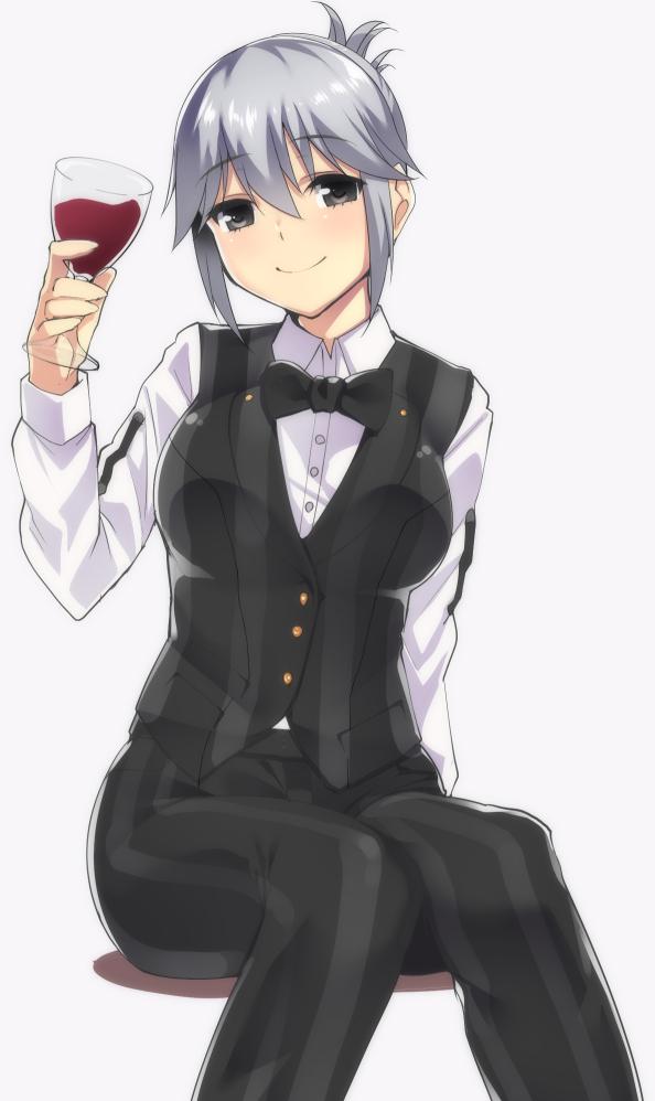 1girl, black_bow, black_eyes, blush, bow, bowtie, collared_shirt, copyright_request, cup, dress_shirt, drinking_glass, female_focus, formal_clothes, grey_background, holding, holding_glass, looking_at_viewer, receptionist_(dream_c_club), shirt, short_hair, silver_hair, sitting, smile, solo, suit, tomohiro_kai, uniform, vest, waistcoat, waitress, white_background, wine_glass