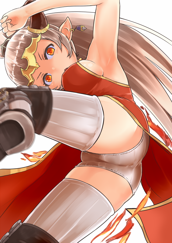 >:o, 10s, 1girl, :o, aliza_(granblue_fantasy), ass, bad_id, bad_pixiv_id, breasts, china_dress, chinese_clothes, draph, dress, earrings, female_focus, fire, from_below, from_side, granblue_fantasy, grey_hair, gymno, horns, jewelry, long_hair, looking_at_viewer, open_mouth, orange_eyes, panties, pantyshot, pointy_ears, ponytail, red_dress, ribbed_legwear, sideboob, solo, standing, thighhighs, underwear, v-shaped_eyebrows, white_thighhighs