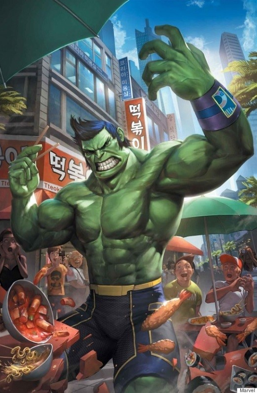 abs, avengers:_age_of_ultron, avengers_(series), blue_hair, bowl, chopsticks, clenched_teeth, colored_skin, fish, food, green_skin, hulk, korean_text, marvel, multiple_boys, multiple_girls, muscular, official_art, parody, shorts, teeth, tiger_division, topless_male, tteokbokki, watermark, woo_chul_lee, wristband