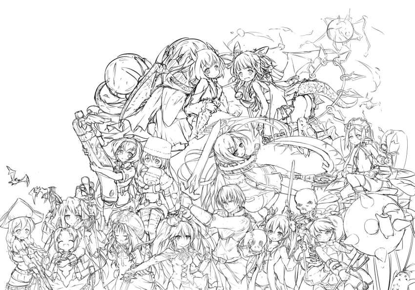 1boy, 6+girls, animal_ears, anya_(sennen_sensou_aigis), bashira_(sennen_sensou_aigis), bat_(animal), book, bow_(weapon)