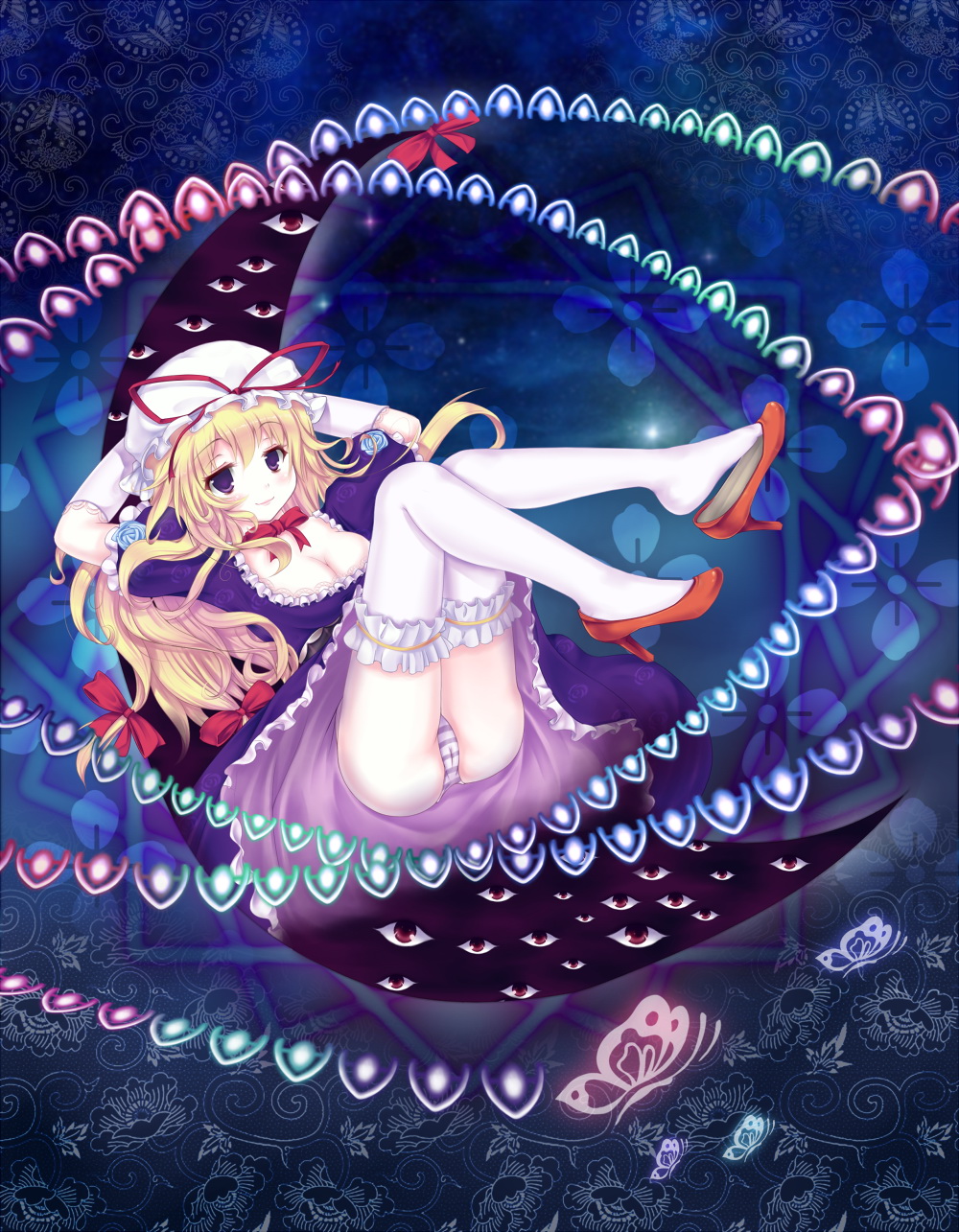 1girl, arms_behind_head, arms_up, ass, blonde_hair, blush, bow, breasts, bug, butterfly, choker, cleavage, danmaku, dress, elbow_gloves, female_focus, floral_print, frills, full_body, gap_(touhou), gloves, hair_bow, hair_ornament, hat, hat_ribbon, high_heels, highres, insect, long_hair, looking_at_viewer, mob_cap, panties, pantyshot, puffy_sleeves, purple_dress, purple_eyes, ribbon, ribbon_choker, rock.fc, shoe_dangle, short_sleeves, smile, solo, striped_clothes, striped_panties, thighhighs, touhou, underwear, white_gloves, white_thighhighs, yakumo_yukari