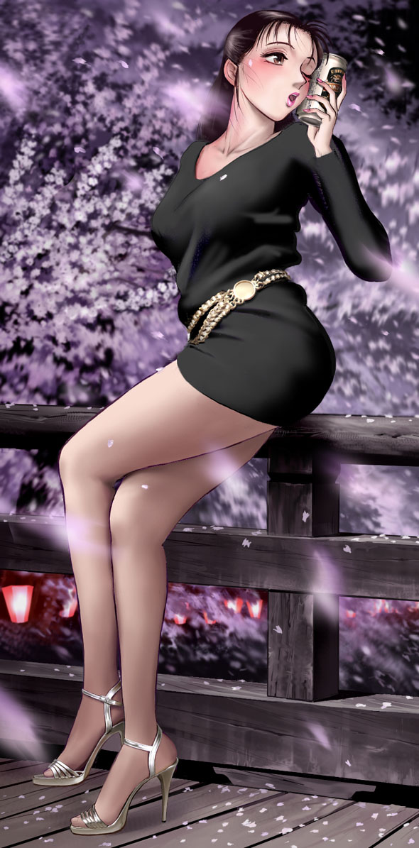 1girl, alcohol, beer, black_hair, blush, brown_eyes, female_focus, fence, high_heel_sandals, high_heels, jaja_uma_grooming_up!, legs, one_eye_closed, pantyhose, python_(snake_legs), sandals, see-through_clothes, see-through_legwear, shoes, sitting, solo, watarai_abumi, wink