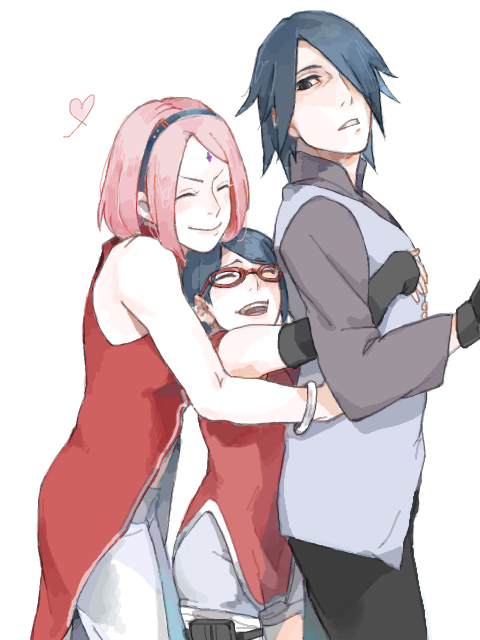 1boy, 2girls, black_hair, closed_eyes, facial_mark, family, father_and_child, father_and_daughter, forehead_mark, fuji_(c-b-s), glasses, group_hug, hair_over_one_eye, haruno_sakura, heart, hug, hug_from_behind, long_hair, mother_and_child, mother_and_daughter, multiple_girls, naruto_(classic), naruto_(series), parent_and_child, pink_hair, red-framed_eyewear, short_hair, smile, uchiha_sarada, uchiha_sasuke