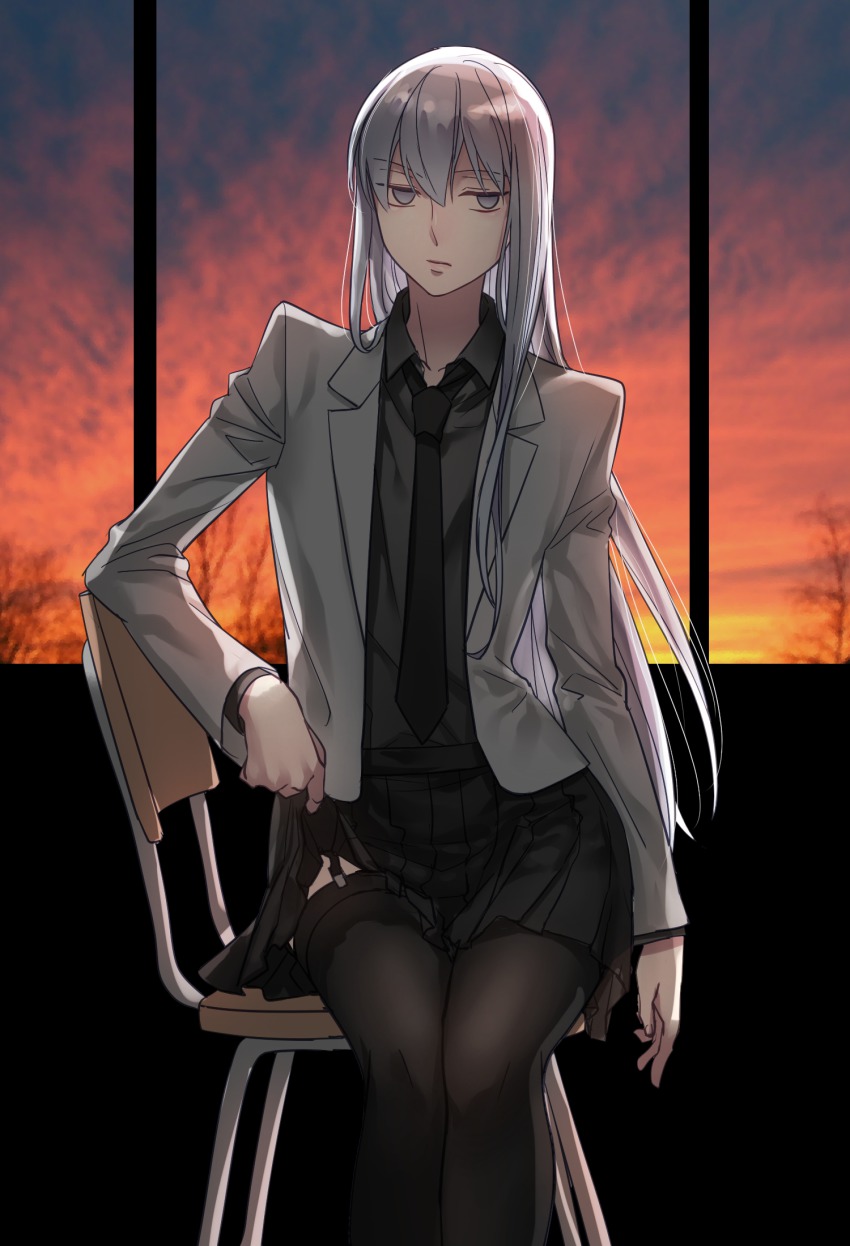 1girl, aken, black_thighhighs, chair, classroom, clothes_lift, commentary, female_focus, garter_straps, genderswap, genderswap_(mtf), grey_eyes, highres, kuroko_no_basuke, long_hair, mayuzumi_chihiro, necktie, school, school_uniform, silver_hair, sitting, skirt, skirt_lift, solo, sunset, thighhighs