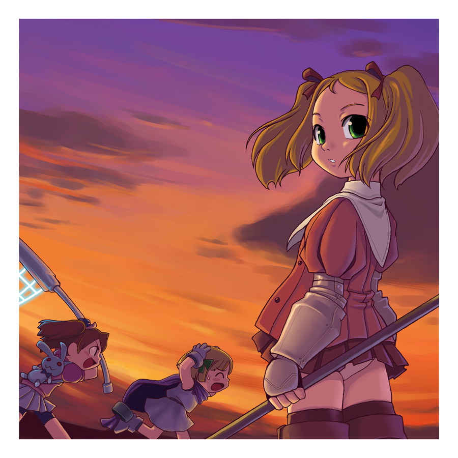 3girls, armor, blonde_hair, brown_hair, child, crossover, dragon_quest, dragon_quest_v
