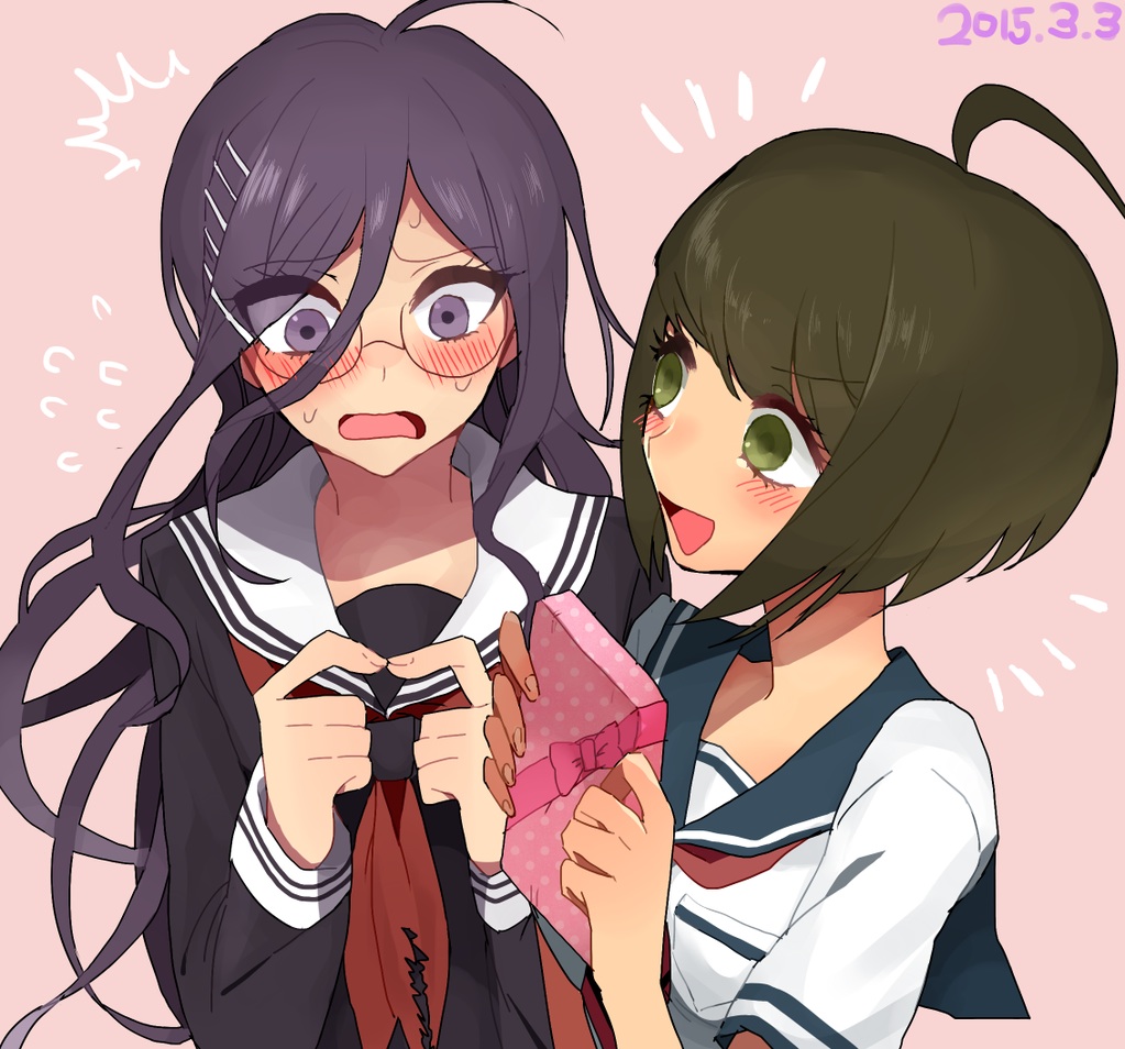 >:d, 10s, 2015, 2girls, :d, ahoge, black_serafuku, blush, brown_hair, danganronpa_(series), dated, fingers_together, fukawa_toko, gift, glasses, green_eyes, holding, index_fingers_together, long_hair, multiple_girls, naegi_komaru, open_mouth, purple_eyes, purple_hair, round_eyewear, school_uniform, serafuku, shine5s, short_hair, smile, ^^^, v-shaped_eyebrows, danganronpa_another_episode:_ultra_despair_girls