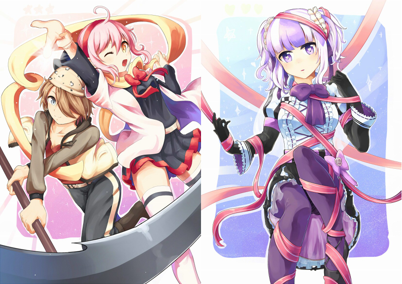 10s, 1boy, 2girls, ;d, akama_yuto, black_gloves, blue_eyes, bow, brown_hair, fujishiro_otone, gloves, hair_over_one_eye, hair_ribbon, hairband, ichinomiya_eruna, looking_at_viewer, mikagura_gakuen_kumikyoku, multicolored_hair, multiple_girls, one_eye_closed, open_mouth, pantyhose, pink_eyes, pink_hair, purple_eyes, purple_hair, ribbon, scarf, school_uniform, scythe, short_hair, smile, sumire_l.a., thighhighs, twintails, two-tone_hair, white_hair, white_legwear, zettai_ryouiki