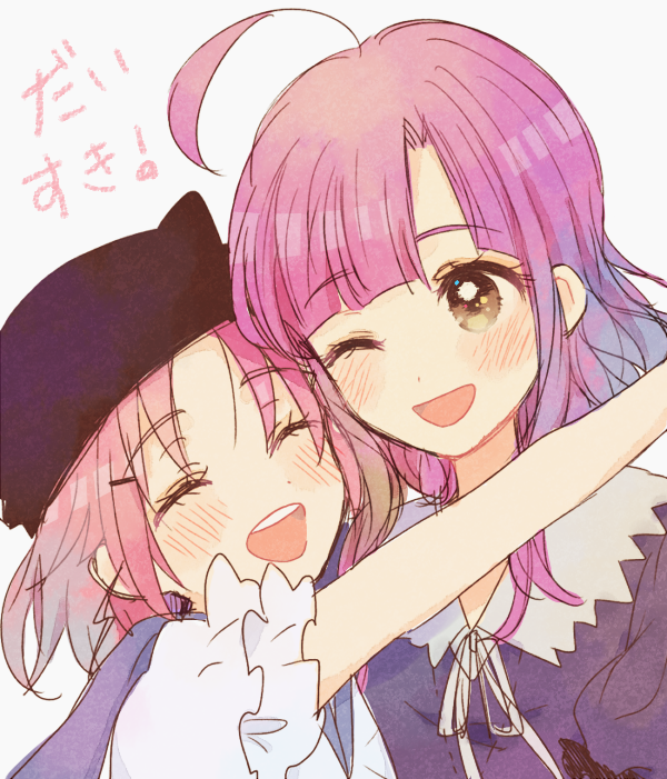 10s, 2girls, :d, ;d, ^_^, animal_hat, closed_eyes, gakkou_gurashi!