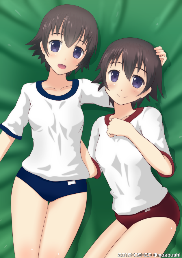 00s, 2girls, artist_name, blue_eyes, brown_hair, buruma, collarbone, cousins, dated, female_focus, flipped_hair, from_above, gym_uniform, hand_on_another's_head, hand_on_back, hand_on_own_head, kurihashi_akana, kurihashi_minami, looking_at_viewer, lying, majikaru_bushi, mattress, multiple_girls, open_mouth, shiny_skin, short_hair, short_sleeves, siblings, sisters, smile, tetsudou_musume, tobu_railway, twins