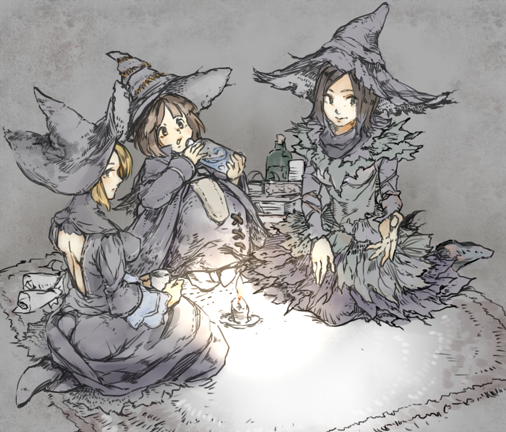 3girls, back, back_cutout, bare_back, black_hair, blonde_hair, book, bottle, breasts, brown_hair, candle, clothing_cutout, dark_souls_(series), dark_souls_i, dark_souls_ii, demon's_souls, dress, drink, flower, green_eyes, hat, mitsugo_(mgo), multiple_girls, potion, short_hair, sitting, tea, witch, witch_beatrice, witch_hat, yuria_the_witch, zullie_the_witch