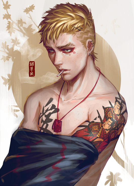 1boy, blonde_hair, buzz_cut, cigarette, earrings, green_eyes, greenteaa, hair_ornament