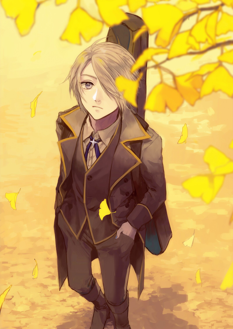 1boy, autumn_leaves, blonde_hair, blue_eyes, ginkgo_tree, guitar_case, hands_in_pockets, instrument_case