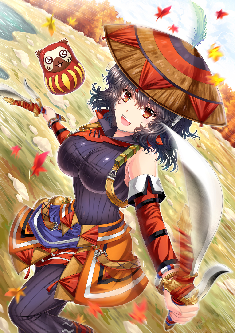 1girl, autumn_leaves, breasts, brown_eyes, capcom, curly_hair, daruma_doll, dual_wielding