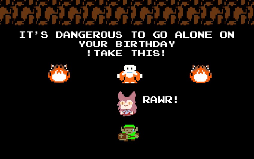00s, 1girl, 2boys, 8-bit, borrowed_character, cave, classic_game, crossover, english_text, ferancisco, happy_birthday, highres, imaizumi_kagerou, link, melty_blood, multiple_boys, multiple_crossover, neco-arc, neco-arc_kagerou, nintendo, old, old_man, rawr_(guuchama), self-upload, the_legend_of_zelda, touhou, tsukihime