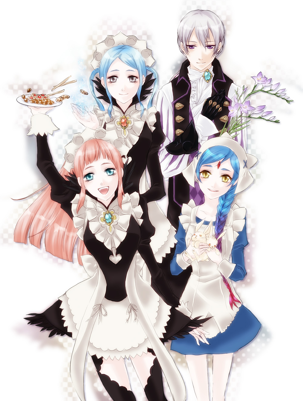 1boy, 3girls, blue_eyes, blue_hair, braid, brown_hair, rabbit, butler, cookie, felicia_(fire_emblem), fire_emblem, fire_emblem_fates, flora_(fire_emblem), flower, food, gloves, grey_hair, hair_over_shoulder, highres, jakob_(fire_emblem), lilith_(fire_emblem), long_hair, maid, maid_headdress, multiple_girls, nintendo, plate, purple_eyes, siblings, single_braid, sisters, twins, yellow_eyes, yuzuru_kashiwagi