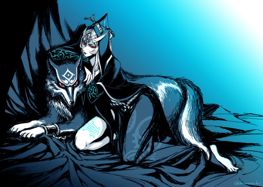 1girl, alternate_form, feet, karasuki, link, wolf_link, looking_at_viewer, markings, midna, midna_(true), monochrome, nintendo, side_slit, spoilers, spot_color, tak_(karasuki), the_legend_of_zelda, the_legend_of_zelda:_twilight_princess, wolf