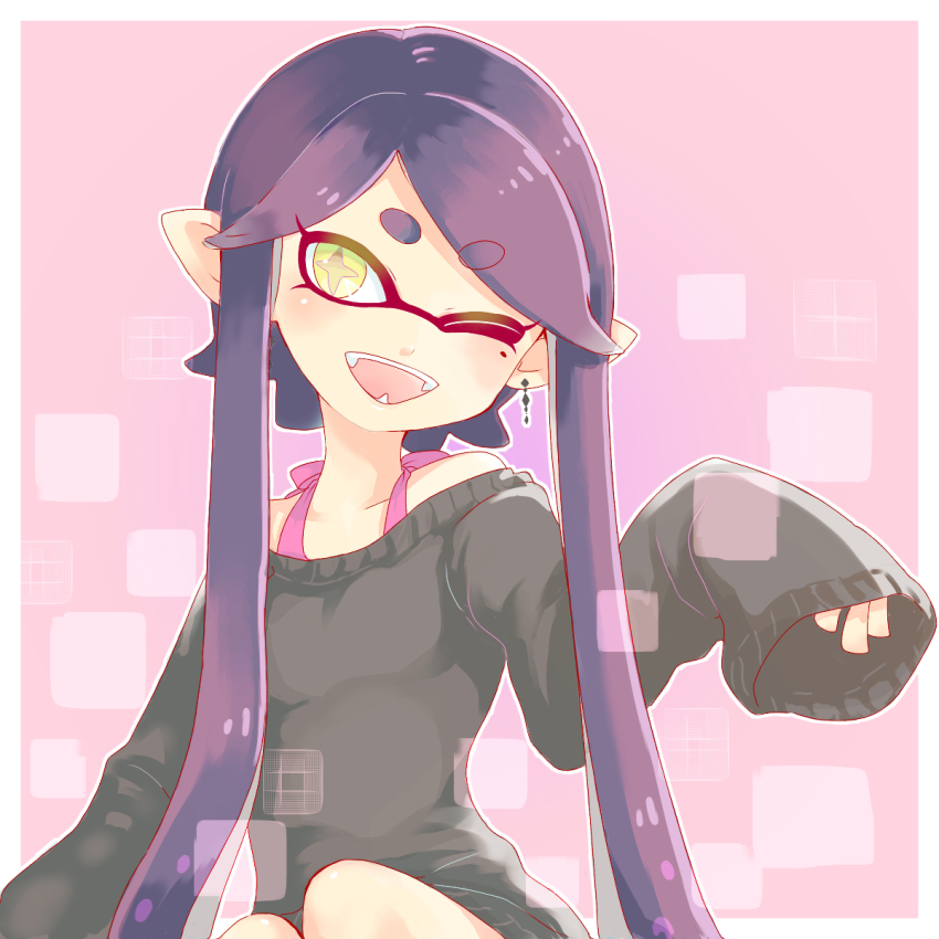 1girl, alternate_hairstyle, bare_shoulders, callie_(splatoon), casual, earrings, fangs, highres, inkling, inkling_player_character, jewelry, liruty, long_sleeves, mole, mole_under_eye, nintendo, one_eye_closed, open_mouth, pink_background, pointy_ears, purple_hair, sleeves_past_wrists, smile, splatoon_(series), splatoon_1, sweater, symbol-shaped_pupils, tentacle_hair, yellow_eyes
