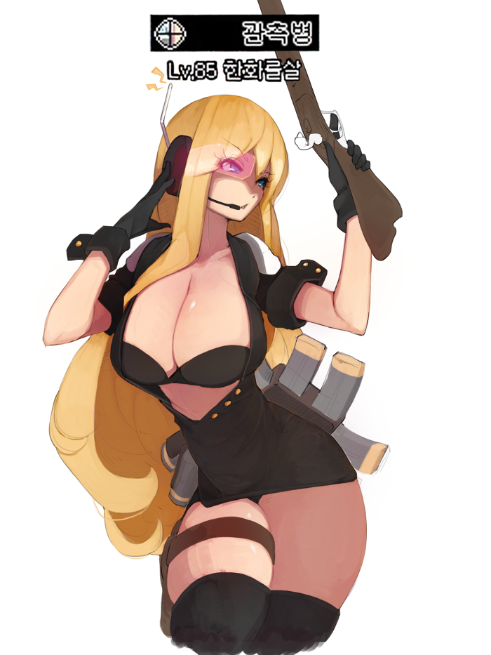 00s, 1girl, adjusting_eyewear, bad_id, bad_pixiv_id, black_gloves, black_thighhighs, blonde_hair, breasts, cleavage, dungeon_and_fighter, female_focus, female_gunner_(dungeon_and_fighter), female_spitfire_(dungeon_and_fighter), gloves, gun, happening18, headset, holster, korean_text, large_breasts, long_hair, magazine_(weapon), microphone, pink-tinted_eyewear, rifle, scouter, simple_background, solo, thigh_holster, thighhighs, tinted_eyewear, triangle_mouth, weapon, white_background