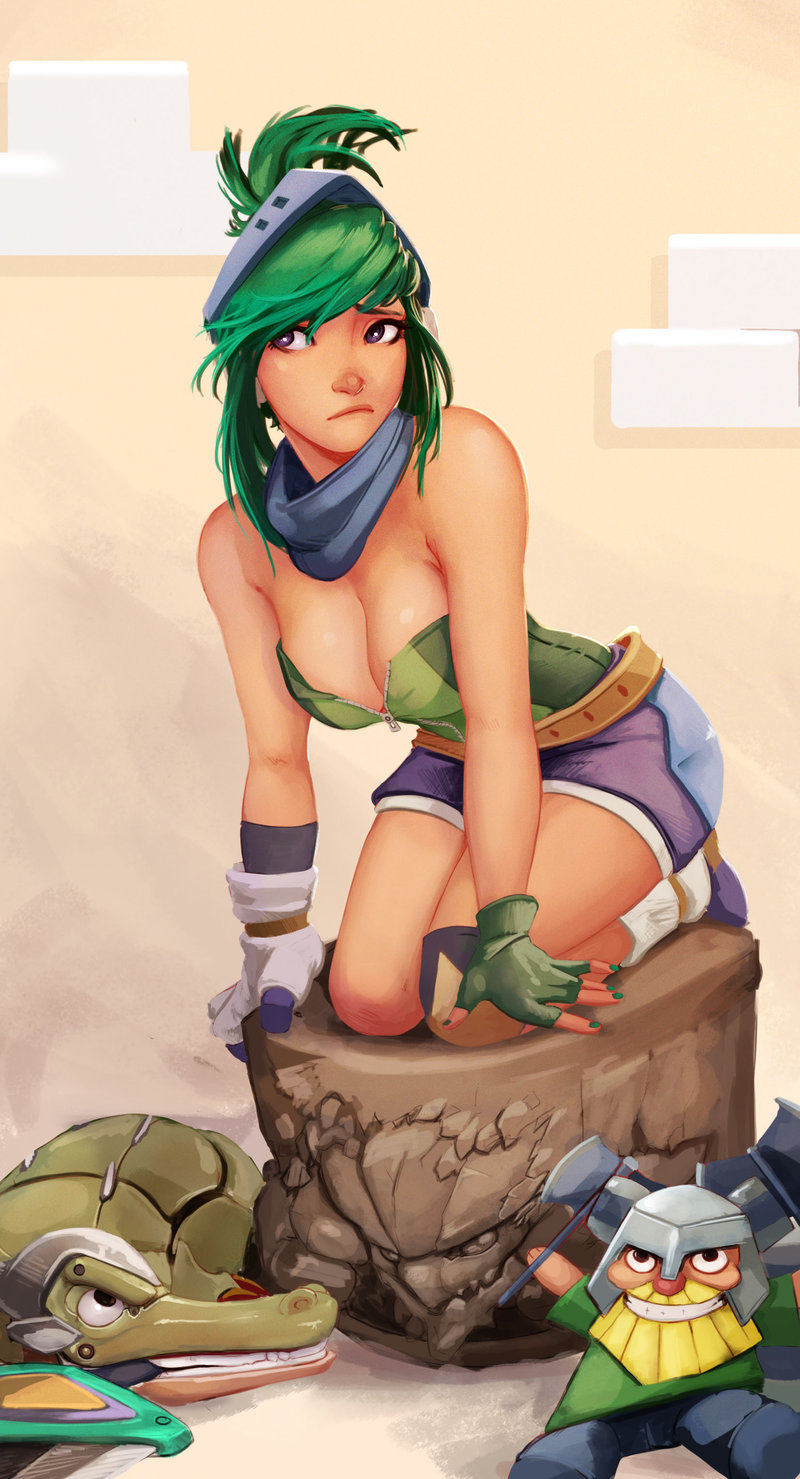 1girl, alternate_costume, alternate_hair_color, arcade_(league_of_legends), arcade_riven, axe, blonde_hair, breasts, brolaf, character_doll, cleavage, doll, fantasy, fingerless_gloves, gloves, green_hair, helmet, highres, kneeling, league_of_legends, malphite, nail_polish, olaf_(league_of_legends), raichiyo33, renekton, riven_(league_of_legends), short_hair, smile, unzipped, visor, weapon