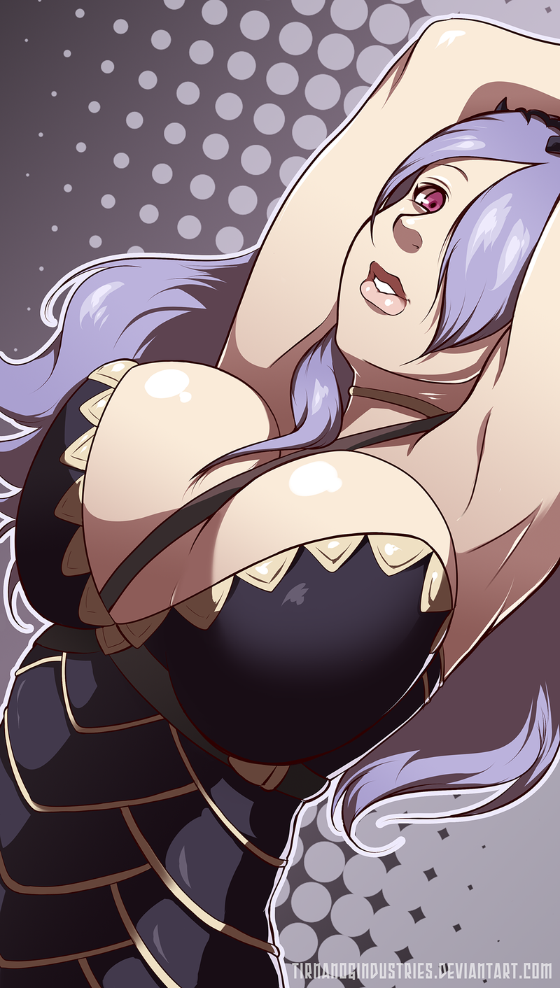 1girl, armpits, arms_up, between_breasts, breasts, camilla_(fire_emblem), choker, cleavage, female_focus, fire_emblem, fire_emblem_fates, hair_over_one_eye, highres, large_breasts, light_purple_hair, long_hair, nintendo, parted_lips, purple_eyes, solo, strap, thick_lips, tirnanogin_industries, upper_body