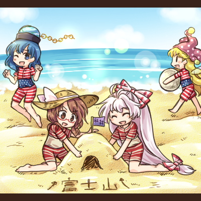 4girls, american_flag, beach, blonde_hair, blue_eyes, blue_hair, blue_sky, bow