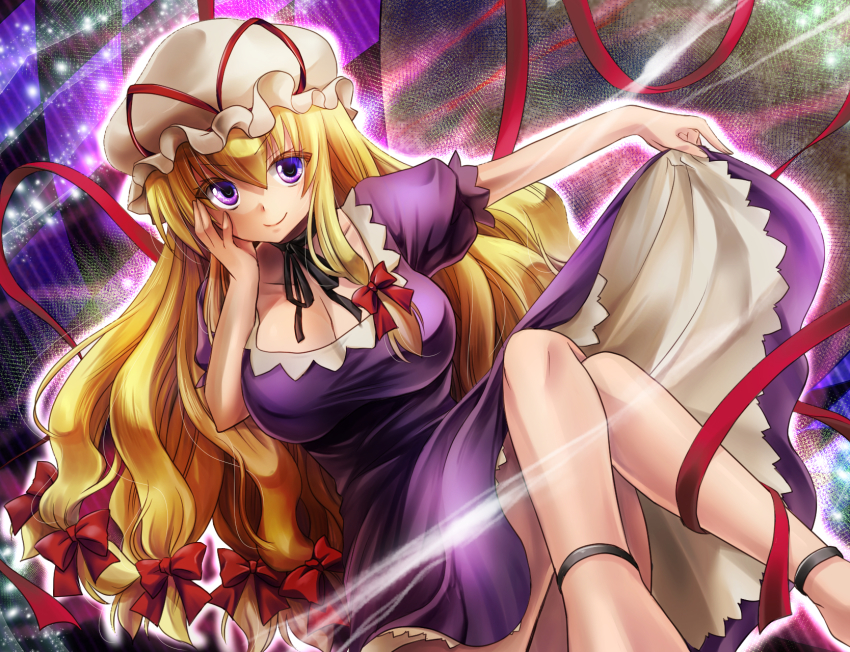 1girl, blonde_hair, breasts, choker, cleavage, clothes_lift, dress, dress_lift