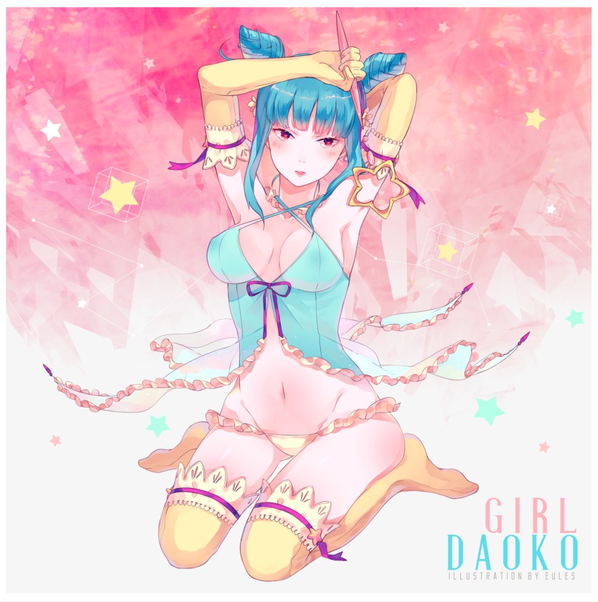 1girl, arms_up, babydoll, blue_hair, breasts, cleavage, cone_hair_bun, double_bun, eules, female_focus, frilled_panties, frills, girl_(anime_expo), hair_bun, halterneck, highres, kami-sama_(girl), looking_at_viewer, lowleg, lowleg_panties, me!me!me!, navel, no_pants, panties, solo, stomach, thighhighs, underwear, wand, yellow_panties