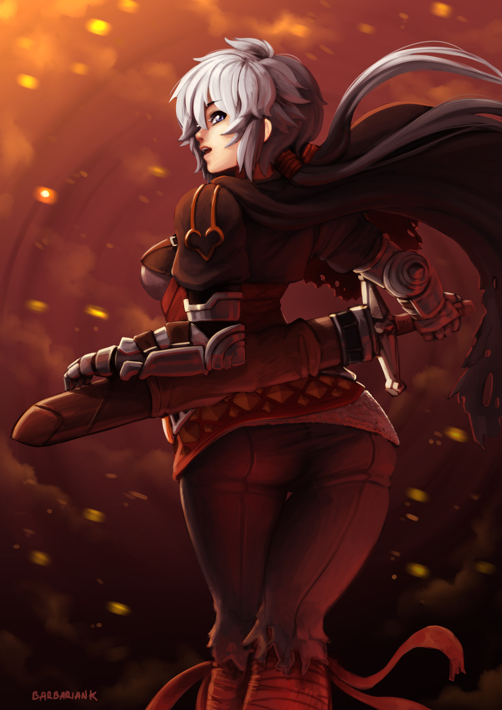 1girl, armor, ass, barbariank, female_focus, genderswap, genderswap_(mtf), highres, pants, sheath, solo, sword, valkyrie_profile_(series), weapon, white_hair, wylfred