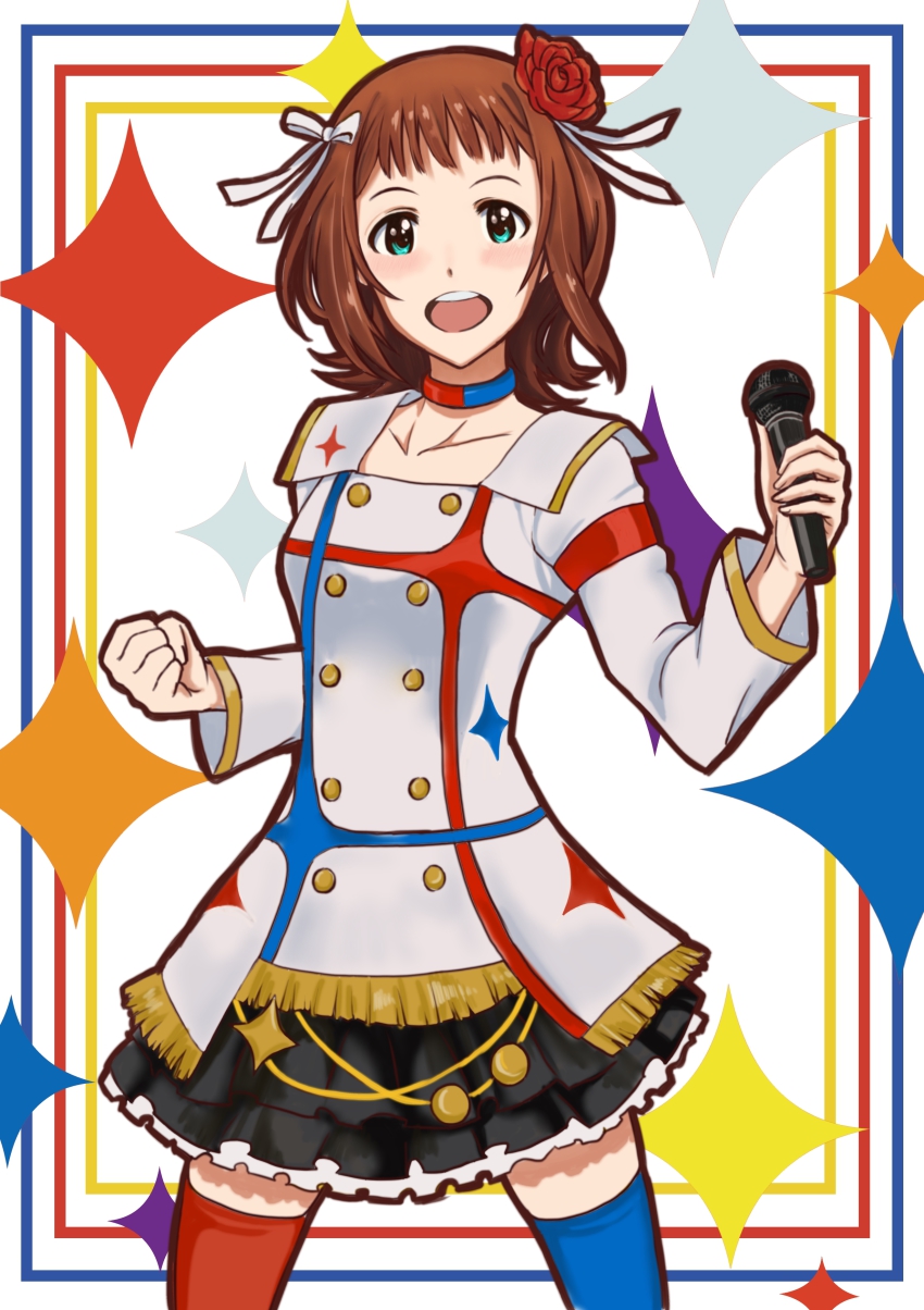 1girl, absurdres, amami_haruka, asymmetrical_legwear, brown_hair, choker, cowboy_shot, dress