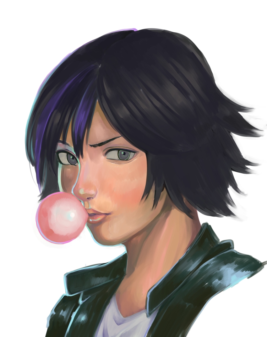 1girl, absurdres, big_hero_6, black_hair, blowing_bubble_gum, blowing_bubbles, chewing_gum, disney, female_focus, gogo_tomago, grey_eyes, highres, marvel, multicolored_hair, portrait, purple_hair, short_hair, solo, tetsuo_(huvac-akiro), two-tone_hair