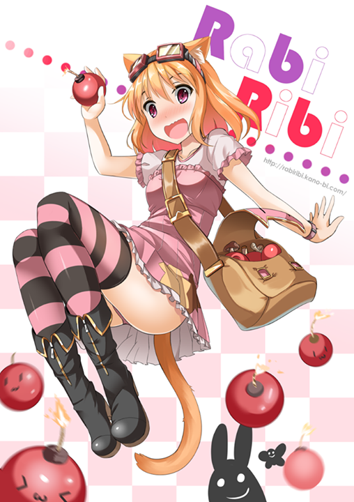1girl, :o, animal_ears, bag, black_thighhighs, blush, bomb, boots