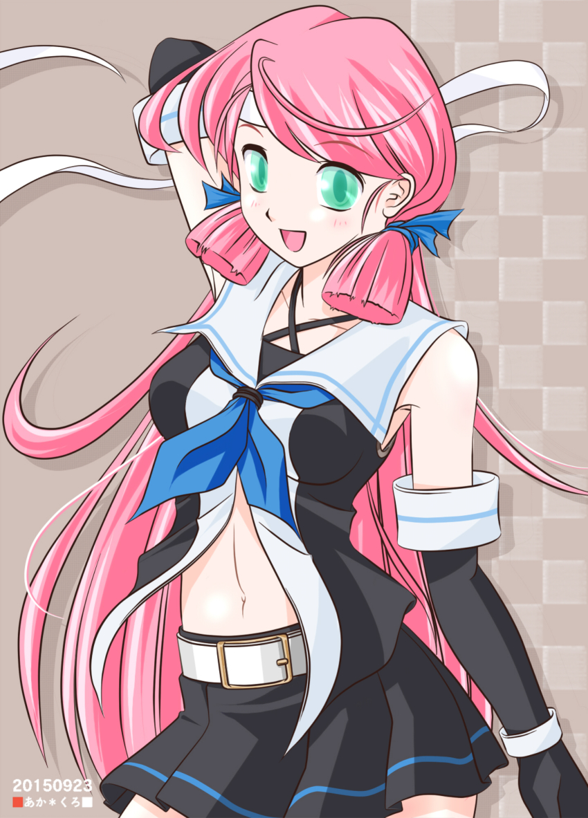 1girl, akaguro-san, akakuro-san_(ondoriya_honpo), akashi_(kancolle), arm_behind_head, arm_up, armpits, bandana, bare_shoulders, belt, blush, breasts, cosplay, elbow_gloves, female_focus, gloves, green_eyes, hair_ribbon, highres, kantai_collection, kawakaze_(kancolle), kawakaze_(kancolle)_(cosplay), long_hair, looking_at_viewer, md5_mismatch, midriff, navel, open_mouth, pink_hair, resolution_mismatch, ribbon, school_uniform, smile, solo, source_smaller, tress_ribbon, twintails