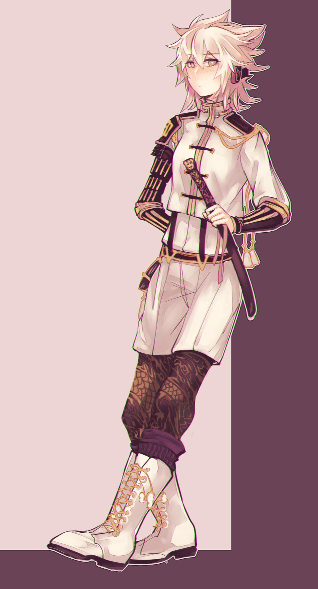 10s, 1girl, alternate_costume, boots, brown_hair, cosplay, earmuffs, female_focus, highres, jewelry, lace-up_boots, military, military_uniform, monoyoshi_sadamune, monoyoshi_sadamune_(cosplay), pantyhose, pantyhose_under_shorts, print_pantyhose, short_hair, shorts, skirt, solo, sword, touhou, touken_ranbu, toyosatomimi_no_miko, vento, weapon