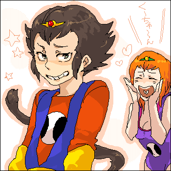 1boy, 1girl, black_border, border, brown_hair, chouko_(waru), closed_eyes, heart, itadakiman, leotard, lowres, magota_kusaku, monkey_tail, oekaki, orange_hair, star_(symbol), tail, tiara, time_bokan_(series), upper_body, yan-yan