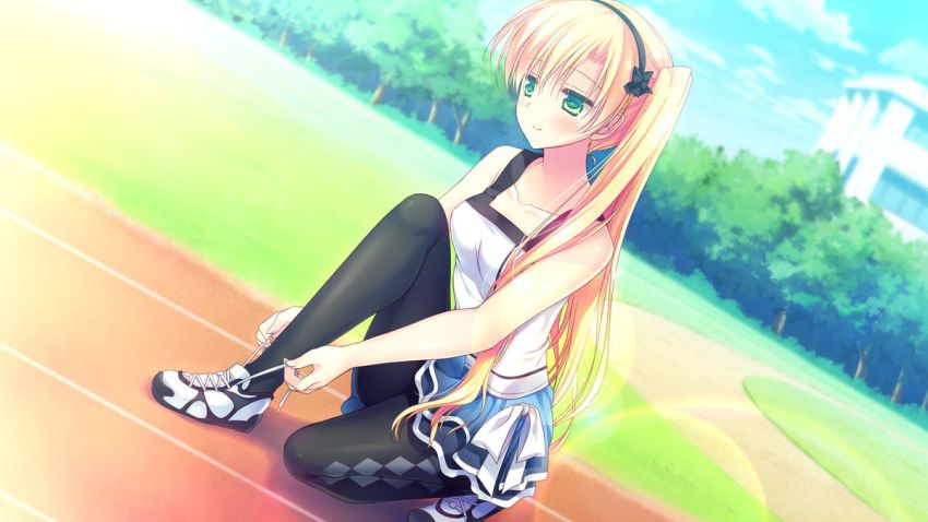 1girl, argyle_clothes, argyle_pantyhose, basket, blonde_hair, chibana_ryoka, female_focus, game_cg