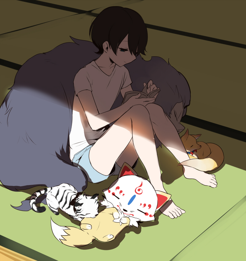 10s, 1boy, baby_animal, black_hair, blue_eyes, book, closed_eyes, fox, gokotai's_tigers, hebino_rai, horikawa_kunihiro, konnosuke, male_focus, nakigitsune's_fox, open_book, reading, shishiou_no_mofumofu, sitting, tiger, tiger_cub, touken_ranbu, white_tiger