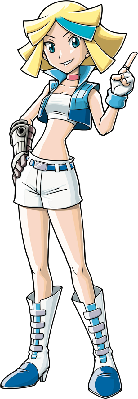 1girl, bare_arms, bare_legs, belt, blonde_hair, blue_eye_(pokemon), blue_eyes, blue_hair, blush, boots, breasts, choker, female_focus, fingerless_gloves, full_body, gauntlets, gloves, grin, hand_on_own_hip, high_heel_boots, high_heels, highres, legs, light_blue_hair, looking_at_viewer, midriff, multicolored_hair, nintendo, no_navel, official_art, pointing, pokemon, pokemon_ranger_traces_of_light, short_hair, short_shorts, shorts, single_gauntlet, smile, solo, standing, strapless, tube_top, two-tone_hair, vest, white_boots, white_gloves, white_shorts