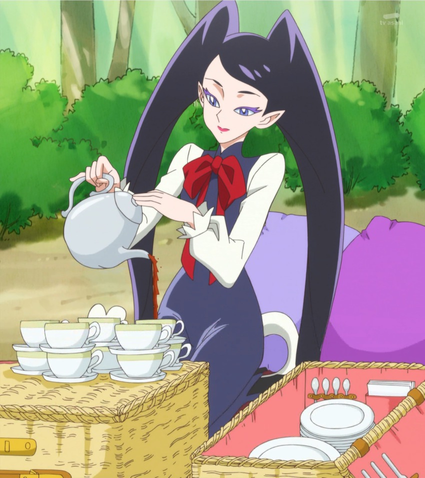 1girl, anime_screenshot, cup, female_focus, go!_princess_precure, highres, makeup, mascara, miss_shamour, miss_siamour, picnic_basket, precure, purple_eyes, purple_hair, solo, teacup, teapot, twintails