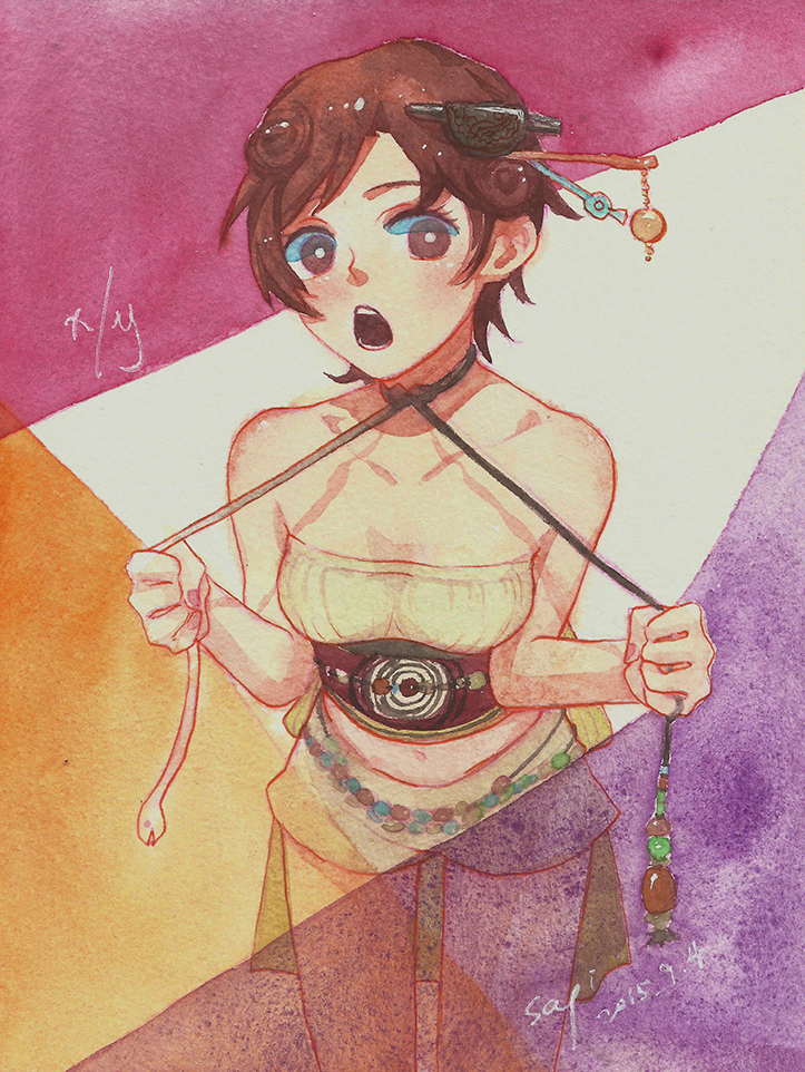 aoii_mikoko, bare_shoulders, brown_eyes, brown_hair, choker, collarbone, dated, hair_ornament, midriff, sagi, short_hair, short_shorts, shorts, signature, solo, traditional_media, zaregoto_series